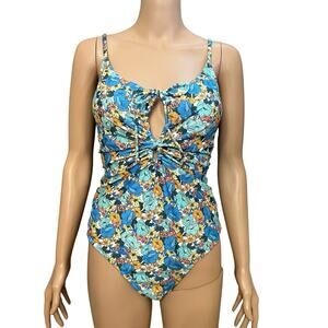 Cupshe One Piece Floral Swimsuit XL Ruched Tied Front Cutout Cheeky White Multi